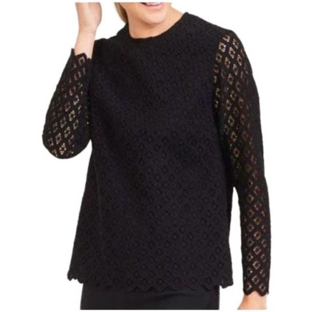 J McLaughlin Black Lissa Diamond Lace Crochet Eyelet Long Sleeve Lined Top M